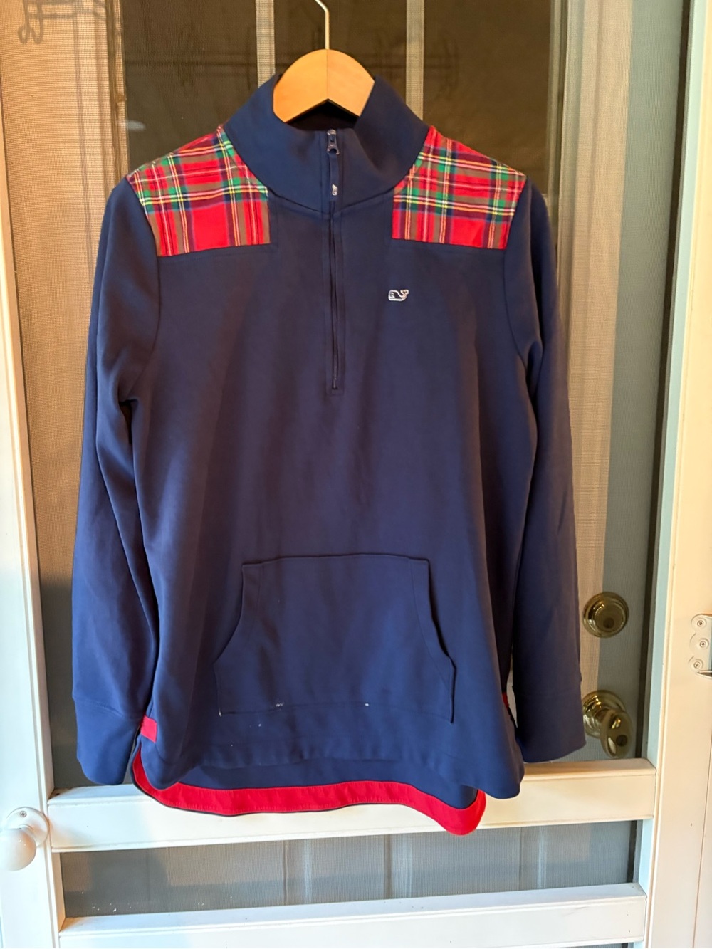 Vineyard Vines Navy Half-Zip Sweater with Red Tartan Shoulders oversized